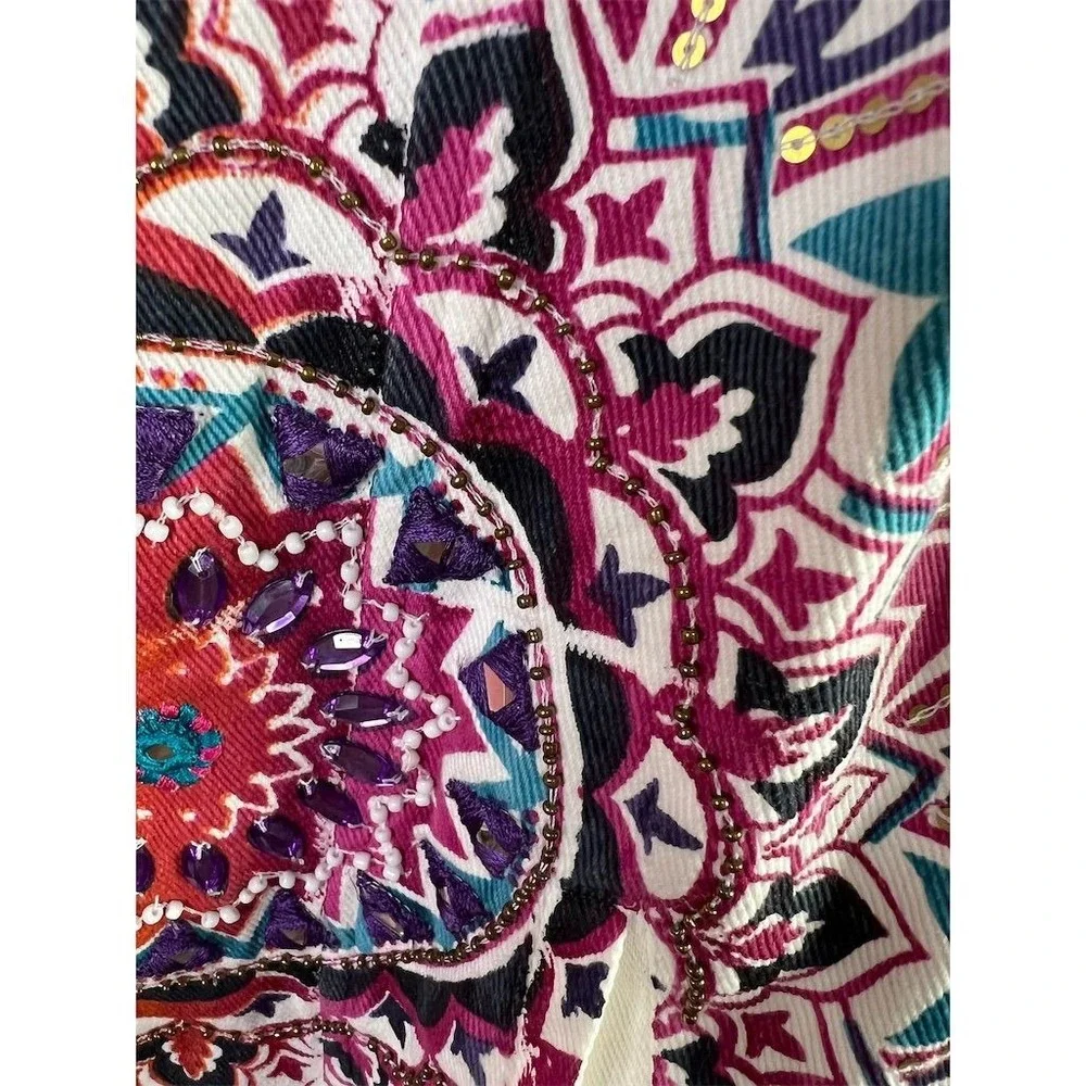 Boston Proper Womens White Mandala Embellished Denim Jacket Size S Boho Beaded - Picture 12 of 16